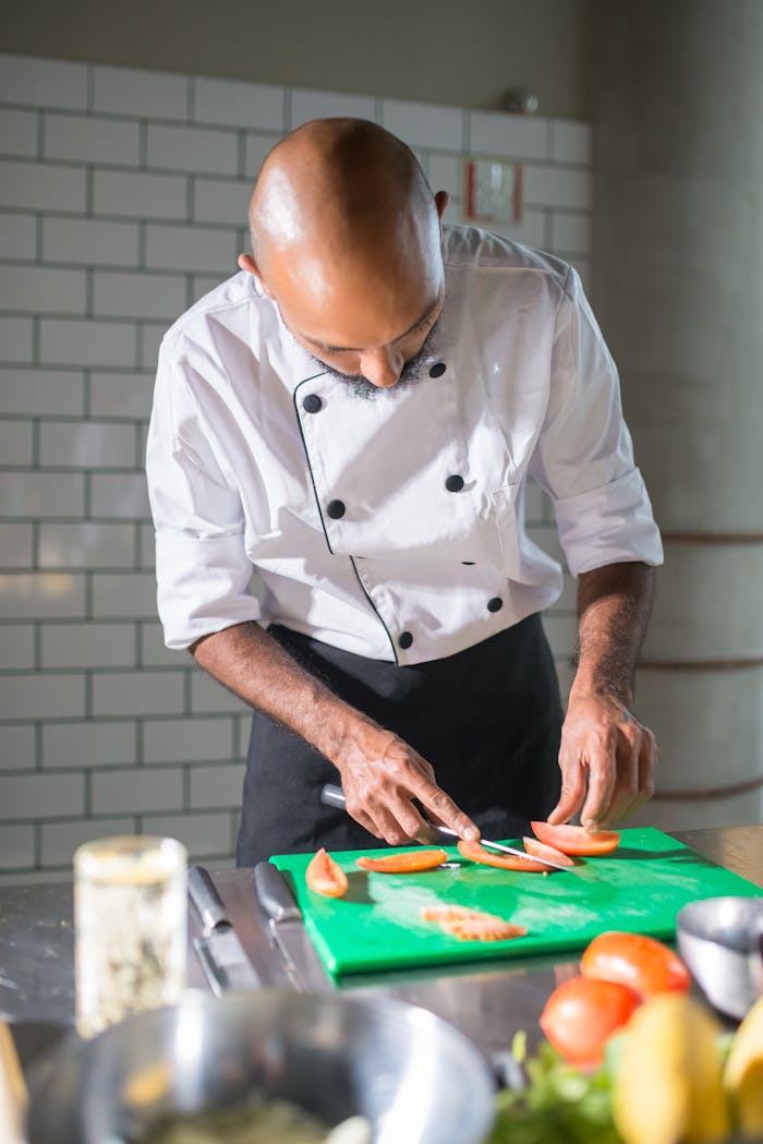 Chef skillfully slicing vegetables on a chopping board in a modern kitchen setting.